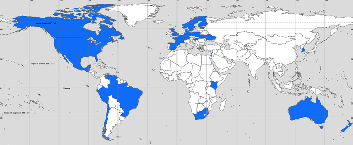 Países registrados en el Directorio de Grupos de Estudio de El libro de Urantia.