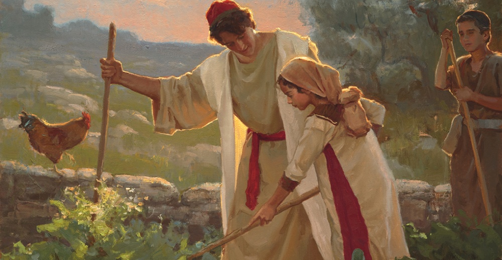 A painting of an adult helping a child with gardening, "The Family Garden" by Michael Malm