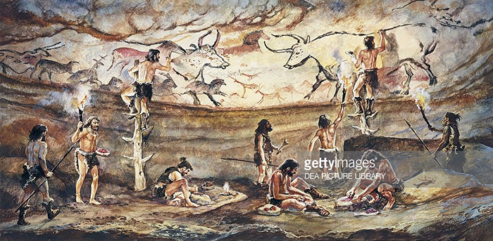 Scene depicting Cro Magnon painters of Lascaux Cave Scene depicting Cro Magnon painters of Lascaux Cave