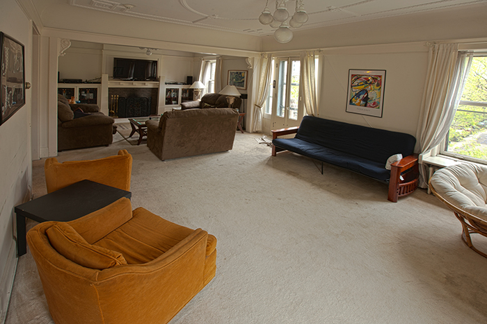 Unrenovated third-floor living room