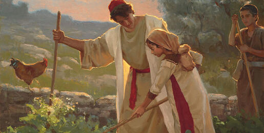 A painting of an adult helping a child with gardening, "The Family Garden" by Michael Malm