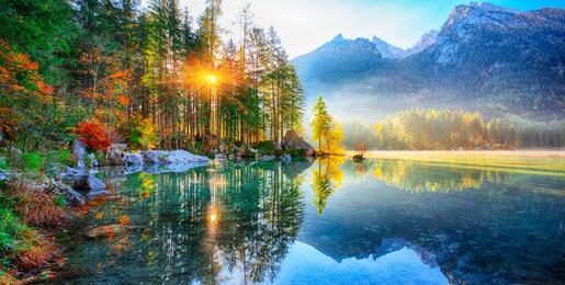 Still, glassy lake with reflection of mountains and trees. Golden sun shining through the trees. Image from Hintersee lake in the Bavarian national park Berchtesgadener Land in the German Alps.