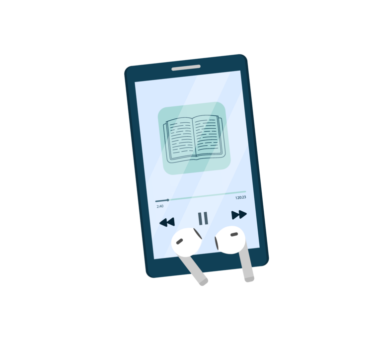 Cartoon of audiobook player with earbud speakers